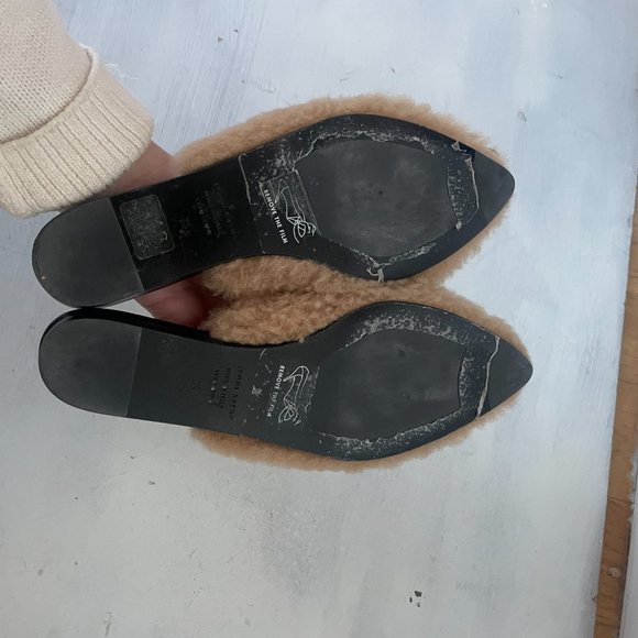 Jenni Kayne Shearling Mules Slip On Flats Semi-Pointed Toe Tan - Picture 8 of 9